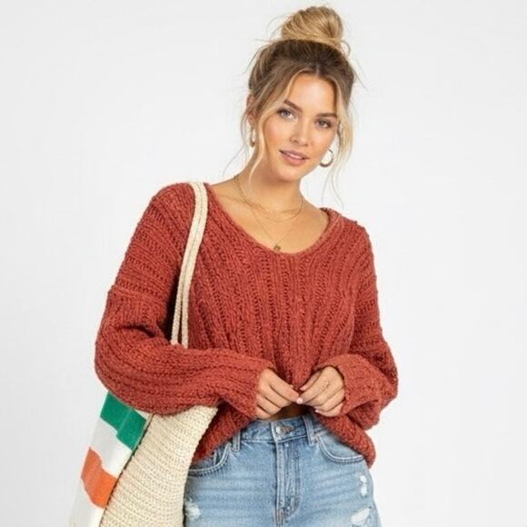 Free People 100% Cotton Open-Knit Cropped Sweater Womens M Orange Beachy - Picture 1 of 7